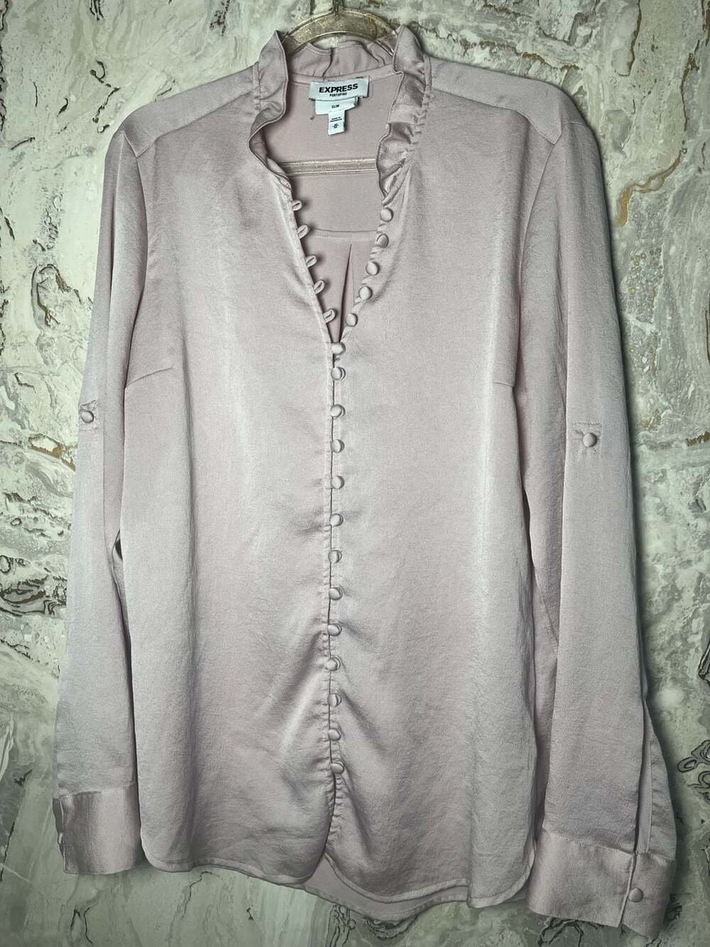 Express Sparkly Shiny Beige Ruffle Collar Button Front Blouse Sz M